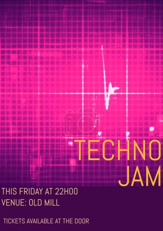 Photo for Techno jam, this friday at 22h00, venue old mill, tickets available at the door text on purple grid. Illustration, music festival, art, event, poster, banner, advertisement, template and design. - Royalty Free Image