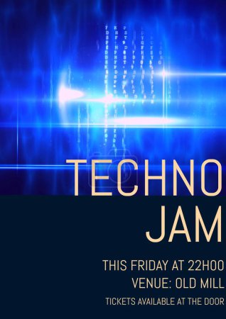 Photo for Techno jam, this friday at 22h00, venue old mill, tickets available at the door on illuminated text. Blue, illustration, music festival, art, event, poster, banner, advertisement, template and design. - Royalty Free Image