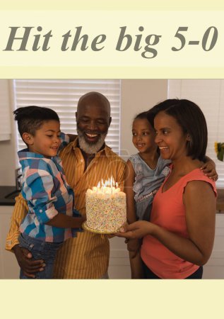 Photo for Composite of hit the big 5-0 text and african american people with birthday cake. Fiftieth birthday, party and celebration concept digitally generated image. - Royalty Free Image