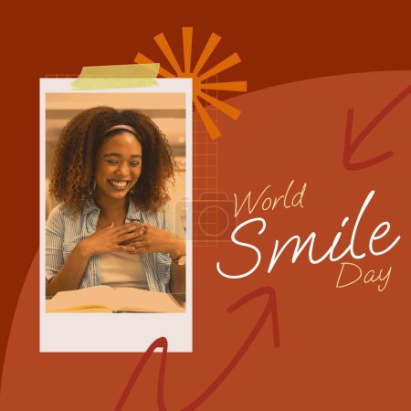 Photo for Composition of world smile day text over smiling african american woman. World smile day, happiness, wellbeing and smiling concept digitally generated image. - Royalty Free Image