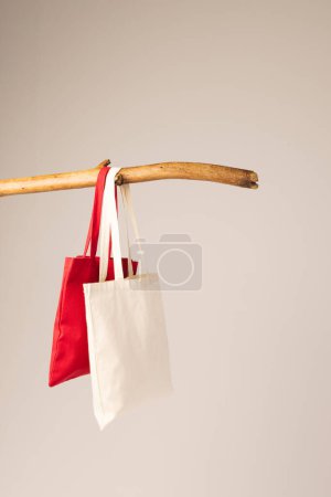 Téléchargez les photos : Sacs en toile blanche et rouge suspendus à une branche en bois avec espace de copie sur fond blanc. Shopping, sac, couleur, tissu, texture et matériaux concept. - en image libre de droit