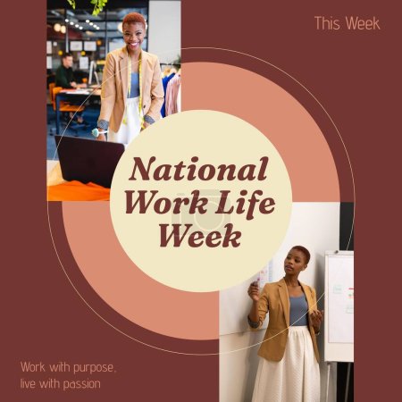 Photo for National work life week text with african american businesswoman with laptop and making presentation. Work life balance, work with purpose, live with passion campaign digitally generated image. - Royalty Free Image