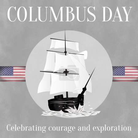 Foto de Composición del texto del día de Colón sobre el barco de madera y banderas de los Estados Unidos. Día de Colón, descubrimientos y concepto de viaje marítimo imagen generada digitalmente. - Imagen libre de derechos