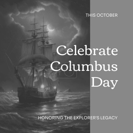 Foto de Composición de celebrar el texto del día de Colón sobre barco de madera. Día de Colón, descubrimientos y concepto de viaje marítimo imagen generada digitalmente. - Imagen libre de derechos