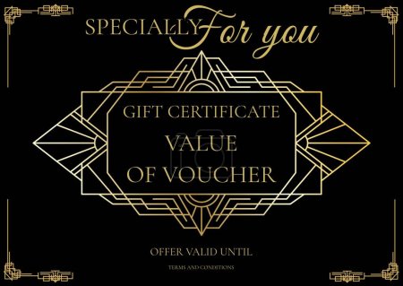 Photo for Specially for you gift certificate text, holding text and deco pattern in gold on black. Art deco, gift voucher certificate template concept digitally generated image. - Royalty Free Image