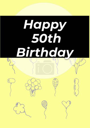 Téléchargez les photos : Composite de texte joyeux 50e anniversaire sur des ballons sur fond jaune. Cinquantième anniversaire, fête et concept de célébration image générée numériquement. - en image libre de droit