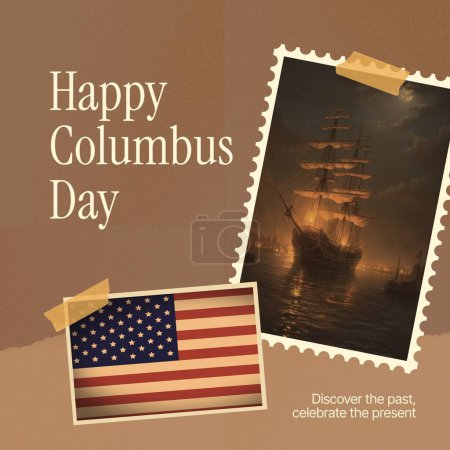 Foto de Composición de texto feliz día de Colón sobre sello con barco de madera y bandera de EE.UU.. Día de Colón, descubrimientos y concepto de viaje marítimo imagen generada digitalmente. - Imagen libre de derechos