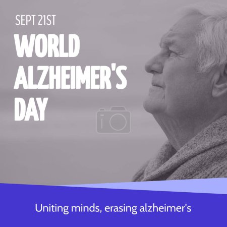 Photo for Composite of world alzheimer's day text over senior caucasian man by seaside. World alzheimer's day and health concept digitally generated image. - Royalty Free Image