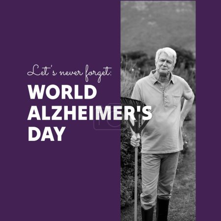 Photo for Composite of world alzheimer's day text over happy senior caucasian man in garden. World alzheimer's day and health concept digitally generated image. - Royalty Free Image