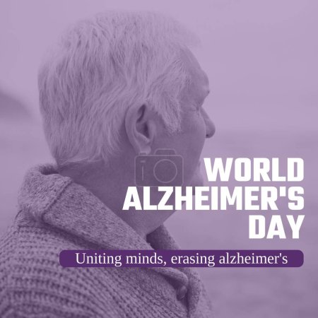Photo for Composite of world alzheimer's day text over senior caucasian man by seaside. World alzheimer's day and health concept digitally generated image. - Royalty Free Image