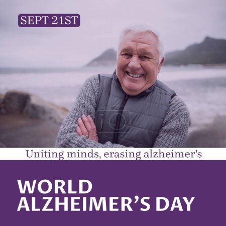Photo for Composite of world alzheimer's day text over happy senior caucasian man by seaside. World alzheimer's day and health concept digitally generated image. - Royalty Free Image
