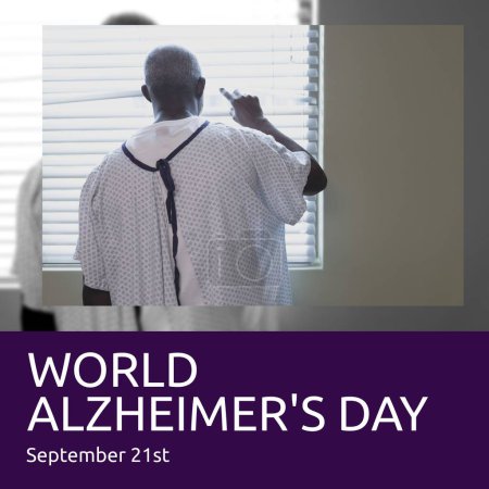Foto de Compuesto de texto del día mundial de Alzheimer sobre el hombre afroamericano mayor. World alzheimer's day and health concept digitally generated image. - Imagen libre de derechos