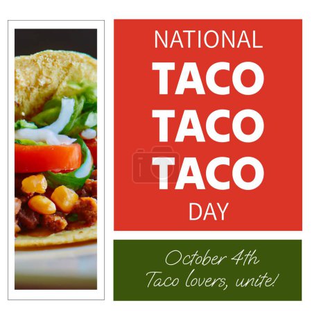 Photo for Composition of national taco day text and tacos on red and green background. Tacos, mexican food and fast food concept digitally generated image. - Royalty Free Image