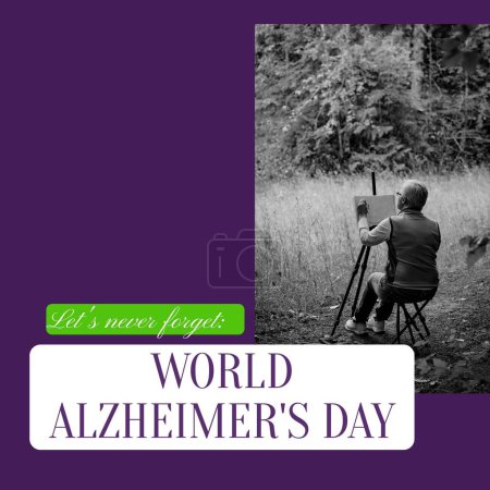 Photo for Composite of world alzheimer's day text over senior caucasian man painting in garden. World alzheimer's day and health concept digitally generated image. - Royalty Free Image