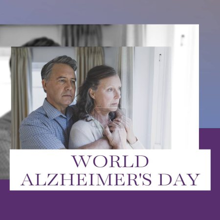 Photo for Composite of world alzheimer's day text over worried senior caucasian couple. World alzheimer's day and health concept digitally generated image. - Royalty Free Image