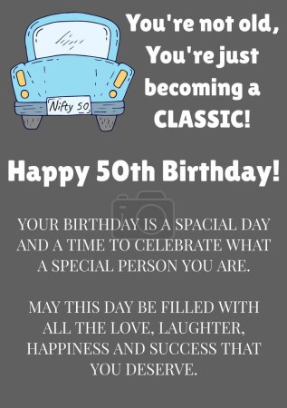 Téléchargez les photos : Joyeux 50 texte d'anniversaire avec voiture sur fond gris. Cinquantième anniversaire, fête d'anniversaire, bien souhaiter et concept de célébration image générée numériquement. - en image libre de droit