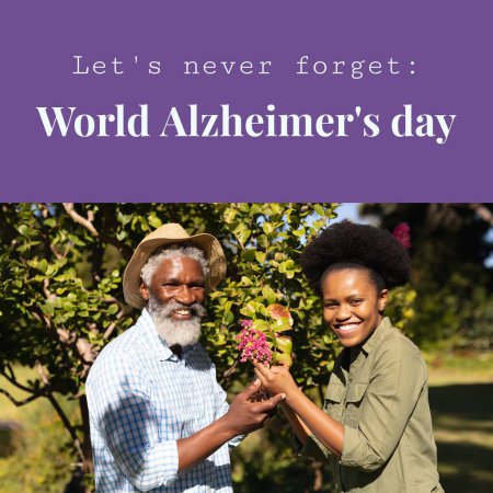 Foto de Compuesto de texto del día mundial de Alzheimer sobre feliz pareja afroamericana senior. World alzheimer's day and health concept digitally generated image. - Imagen libre de derechos