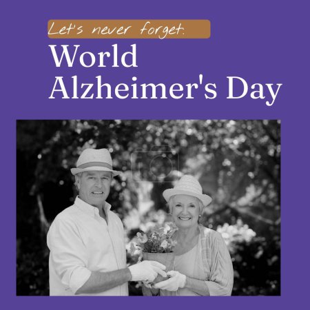 Foto de Compuesto de texto del día mundial de Alzheimer sobre feliz pareja de ancianos caucásicos. World alzheimer's day and health concept digitally generated image. - Imagen libre de derechos