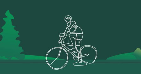 Téléchargez les photos : Image du dessin d'une cycliste au-dessus d'arbres. Sport mondial et concept de fond abstrait image générée numériquement. - en image libre de droit
