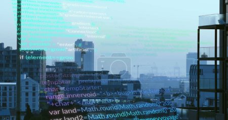 Photo for Image of computer language over modern buildings in background. Digital composite, multiple exposure, coding, machine learning, architecture, abstract and technology concept. - Royalty Free Image
