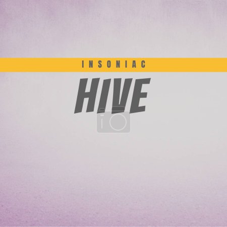Photo for Composition of hive insoniac text over yellow line on purple background. Colour, pattern, art, music album cover and design concept digitally generated image. - Royalty Free Image