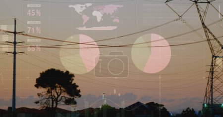 Photo for Image of financial graphs and data over electricity poles at sunset. Energy, electricity, finance and economy concept digitally generated image. - Royalty Free Image