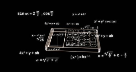 Photo for Image of calculator icon over mathematical equations on black background. Education, learning, knowledge, science and digital interface concept digitally generated image. - Royalty Free Image