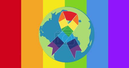 Photo for Image of lgbtq rainbow ribbon over globe over rainbow background. Pride month, lgbtq, human rights and equality concept digitally generated image. - Royalty Free Image