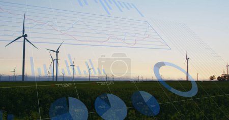 Photo for Image of financial data processing and wind turbines. global environment, sustainability and finance concept digitally generated image. - Royalty Free Image