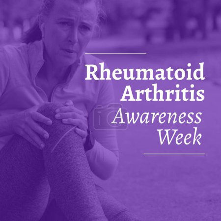 Photo for Composition of rheumatoid arthritis awareness week text over senior caucasian woman holding knee. Rheumatoid arthritis awareness week and health awareness concept digitally generated image. - Royalty Free Image