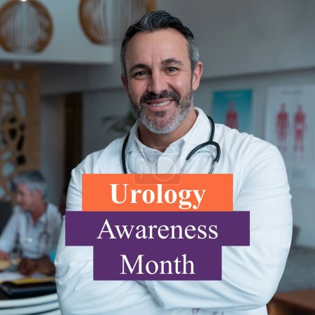 Photo for Composite of urology awareness month over happy caucasian male doctor. Urology awareness, health and prevention concept digitally generated image. - Royalty Free Image