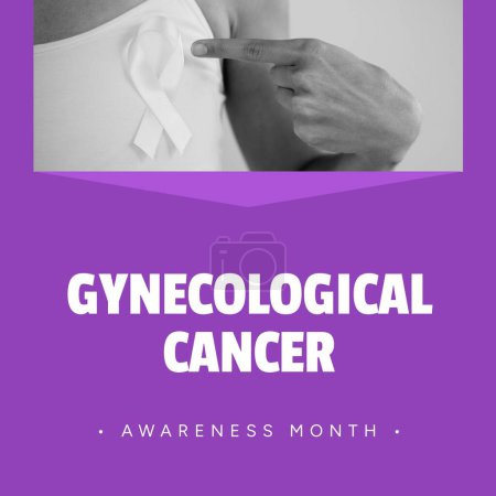 Photo for Composite of gynecological cancer awareness month over ribbon on caucasian woman's t shirt. Gynecological cancer awareness, woman's health and prevention concept digitally generated image. - Royalty Free Image