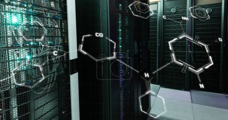 Photo for Image of molecule structures over illuminated server racks in server room. Digital composite, multiple exposure, science, anatomy, technology and network server concept. - Royalty Free Image