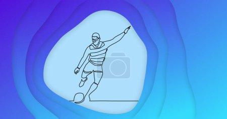 Foto de Imagen de dibujo de jugador de rugby masculino pateando pelota y formas sobre fondo azul. Deporte global y concepto de fondo abstracto imagen generada digitalmente. - Imagen libre de derechos