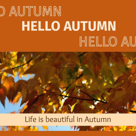 Foto de Compuesto de hola texto de otoño sobre árboles de otoño. Otoño, otoño y estaciones concepto de imagen generada digitalmente. - Imagen libre de derechos