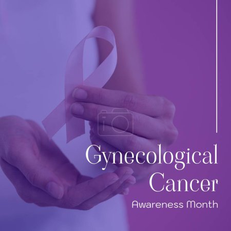 Photo for Composite of gynecological cancer awareness month over caucasian woman holding ribbon. Gynecological cancer awareness, woman's health and prevention concept digitally generated image. - Royalty Free Image