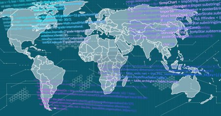 Téléchargez les photos : Image de la carte du monde et traitement des données sur fond bleu. Concept de technologie de réseau mondial et d'interface d'affaires - en image libre de droit