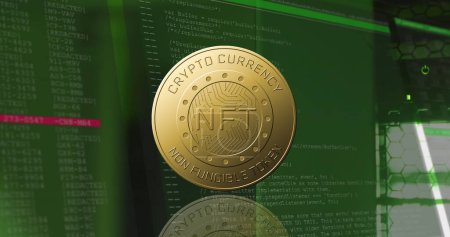 Photo for Image of coin with nft and data processing over servers. Digital resources, crypto currency, network, finance and economy concept digitally generated image. - Royalty Free Image