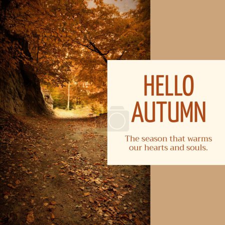 Photo for Composite of hello autumn text over autumn forest. Autumn, fall, seasons and beauty in nature concept digitally generated image. - Royalty Free Image