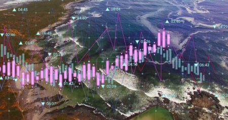 Téléchargez les photos : Image du traitement des données financières sur la vue aérienne des vagues de mer. Concept de finance mondiale et de technologie d'entreprise - en image libre de droit