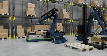 Image of robots and drones working in warehouse. Global artificial intelligence shipping, delivery and logistics concept digitally generated image.