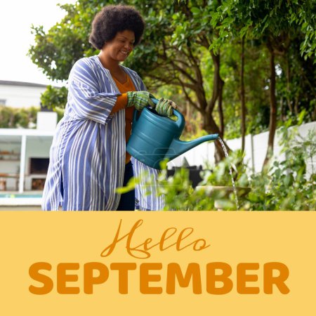 Photo for Composite of hello september text over biracial woman with watering can in garden. Hello september, fall, autumn and nature concept digitally generated image. - Royalty Free Image