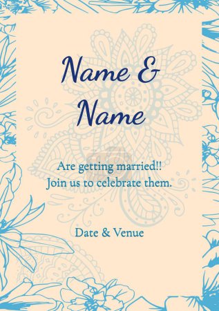 Photo for Composition of wedding invitation text over indian pattern on yellow background. Indian engagement invitation, celebration and indian tradition concept digitally generated image. - Royalty Free Image