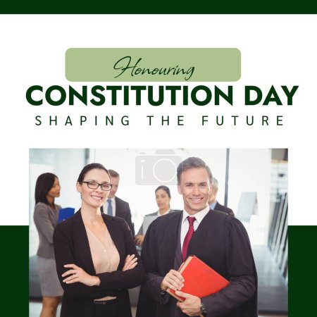 Téléchargez les photos : Composite d'honorer le texte de la journée de la constitution sur les avocats caucasiens et les gens d'affaires. Constitution, indépendance, démocratie et concept de célébration image générée numériquement. - en image libre de droit