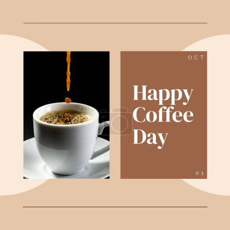 Téléchargez les photos : Bonne journée de café texte et date sur brun avec café fraîchement infusé verser dans la tasse. Célébration internationale du café, campagne d'appréciation image générée numériquement. - en image libre de droit