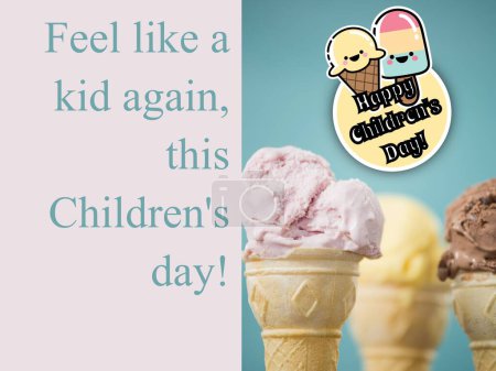 Téléchargez les photos : Composition de se sentir comme un enfant à nouveau, ce texte de jour pour enfants et la crème glacée. Journée de l'enfant, l'enfance et le bonheur concept image générée numériquement. - en image libre de droit
