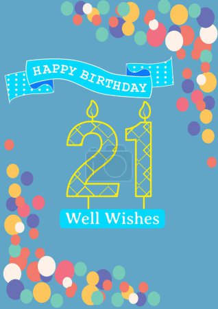 Photo for Composition of happy 21st birthday text over spots pattern on blue background. Happy 21st birthday, celebration and birthday party concept digitally generated image. - Royalty Free Image