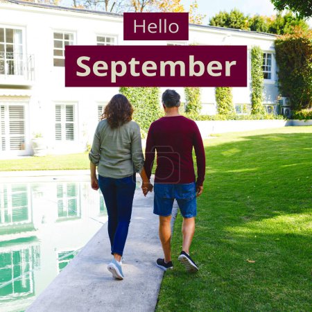 Photo for Composite of hello september text over caucasian couple in garden. Hello september, fall, autumn and nature concept digitally generated image. - Royalty Free Image