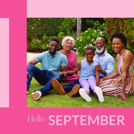 Photo for Composite of hello september text over african american multi generation family in garden. Hello september, fall, autumn and nature concept digitally generated image. - Royalty Free Image