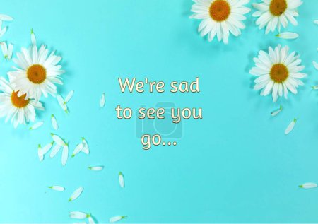 Photo for Composite of we're sad to see you go text with beautiful fresh daisies on blue background. Copy space, farewell card, greeting card, aspirations, template, creative, design and leaving concept. - Royalty Free Image